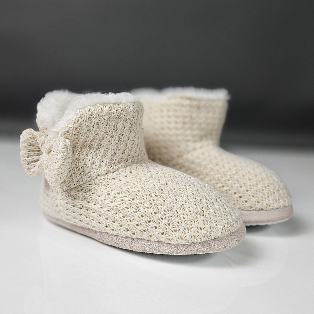 Cream White And Gold Faux Fur Cute Bow Slippers Size 8